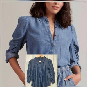 Splendid Puff Sleeve Chambray Button Down Top Blouse Sz. L